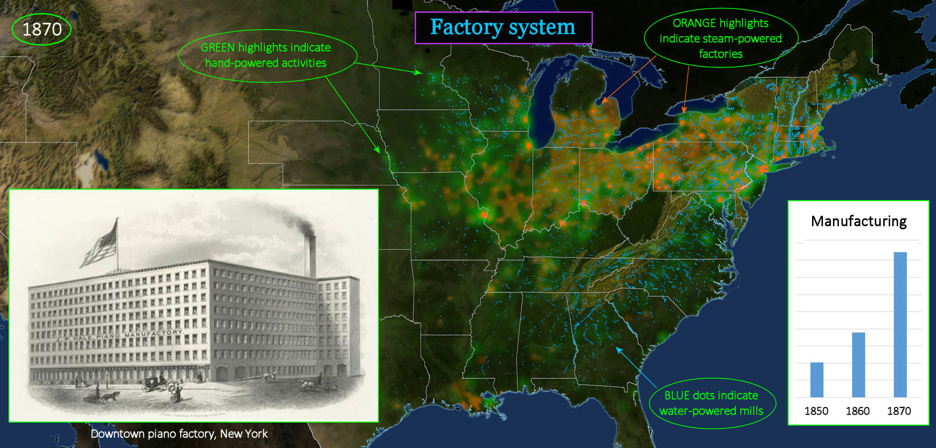 Steam vs waterpower, 1870 map